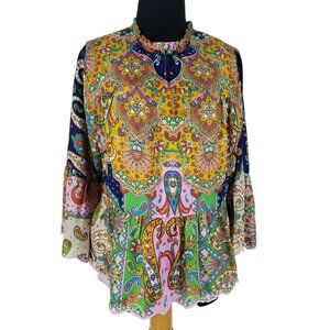 Johnny Was Braemar Mock Neck Scallop Hem Silk Multi Paisley Boho Top Blo…